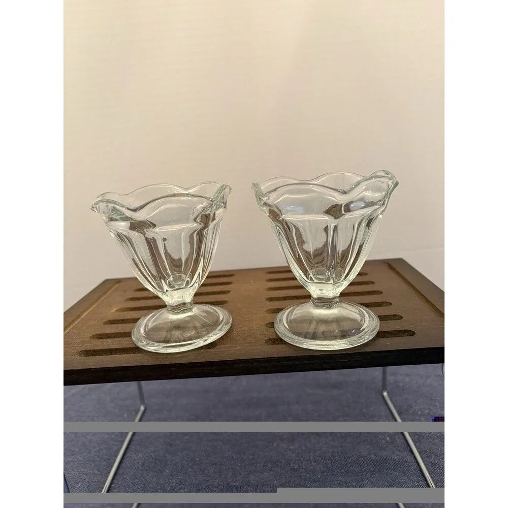 Two Vintage Anchor Hocking Clear Glass Footed Sherbet or Dessert Glasses.